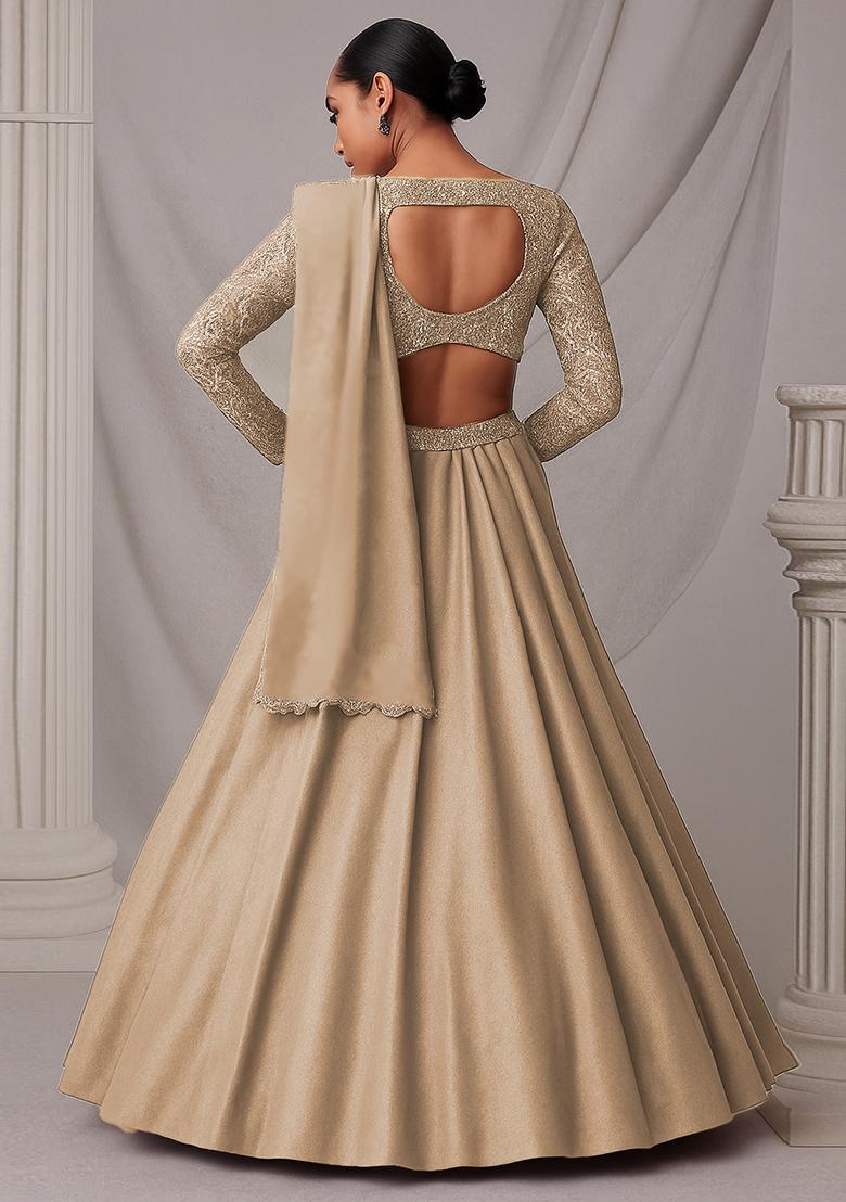 Beige Mirror Work Georgette Lehenga Set