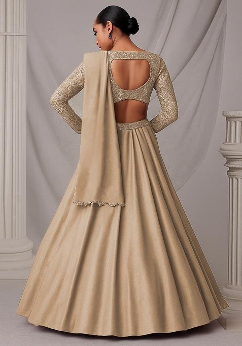 Beige Mirror Work Georgette Lehenga Set