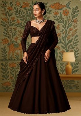 Brown Sequin Embroidered Georgette Lehenga Set