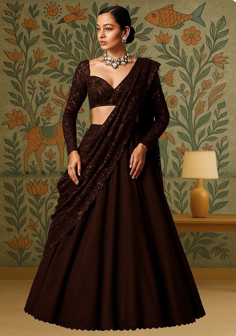 Brown Sequin Embroidered Georgette Lehenga Set - Indya