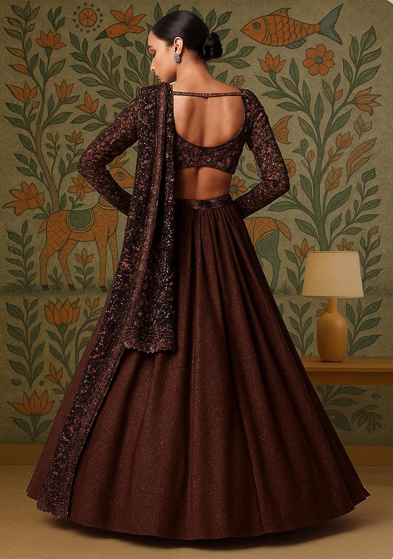 Brown Sequin Embroidered Georgette Lehenga Set - Indya