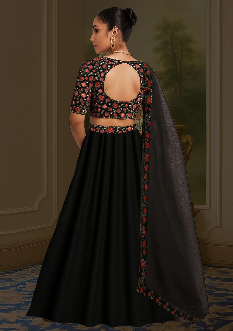 Black Sequin Embroidered Chinnon Lehenga Set - Indya