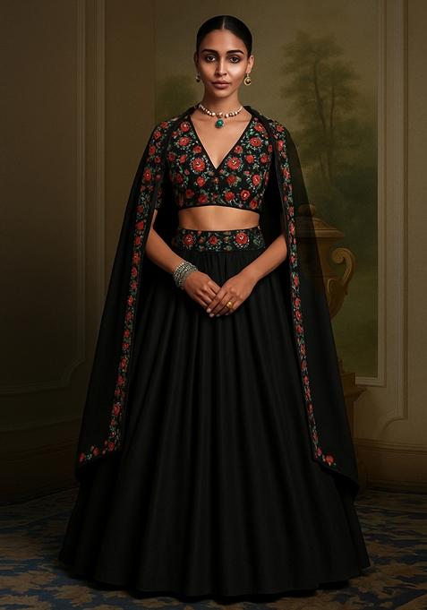 Black Sequin Embroidered Chinnon Lehenga Set