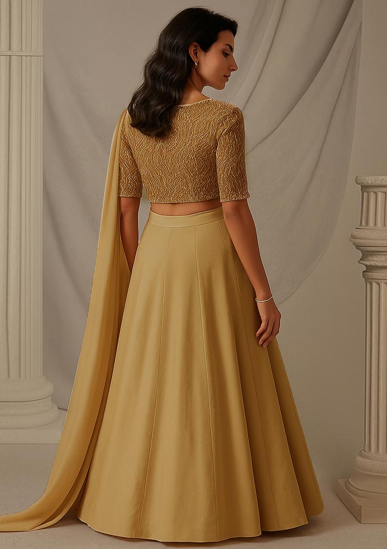 Khaki Sequin Embroidered Chinnon Lehenga Set - Indya