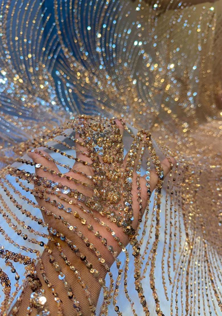 Khaki Sequin Embroidered Chinnon Lehenga Set - Indya