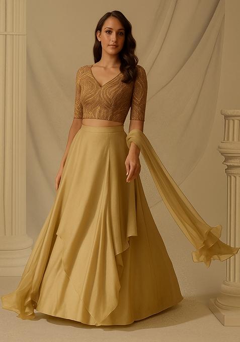 Khaki Sequin Embroidered Chinnon Lehenga Set