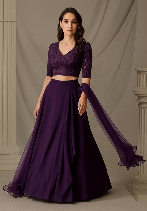 Purple Sequin Embroidered Chinnon Lehenga Set