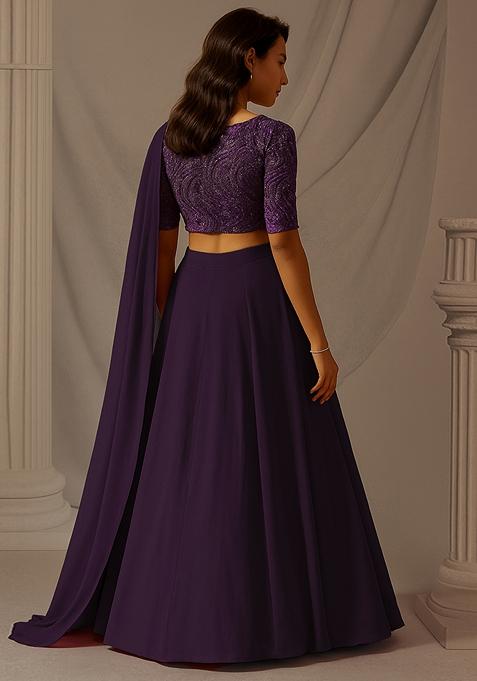Purple Sequin Embroidered Chinnon Lehenga Set