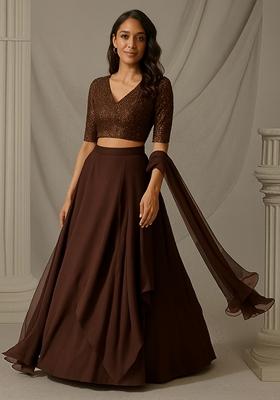 Brown Hand Work Chinnon Lehenga Set