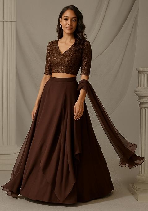 Brown Hand Work Chinnon Lehenga Set