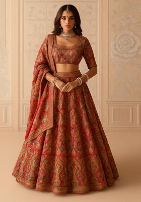 Rust Printed Brocade Lehenga Set