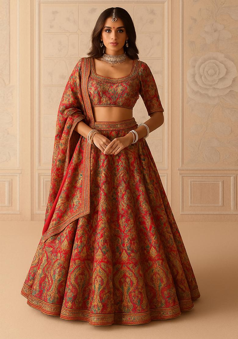 Rust Printed Brocade Lehenga Set