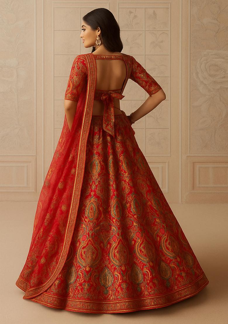 Rust Printed Brocade Lehenga Set - Indya