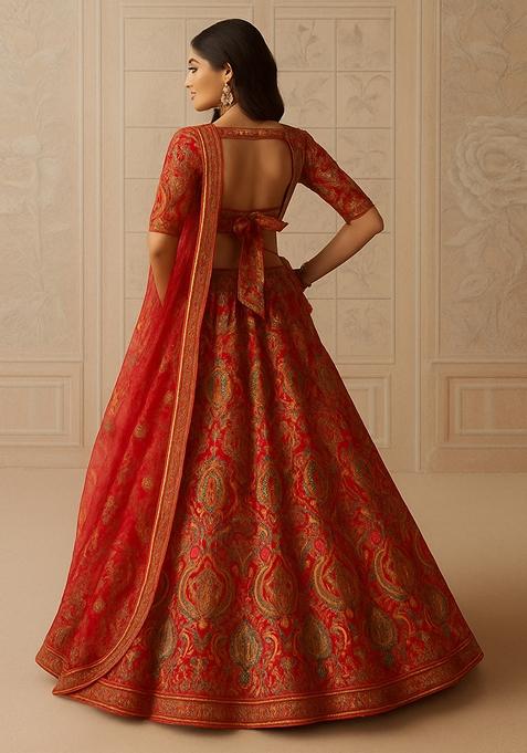 Rust Printed Brocade Lehenga Set