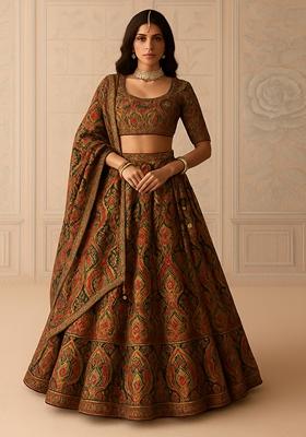Deep Green Printed Brocade Lehenga Set