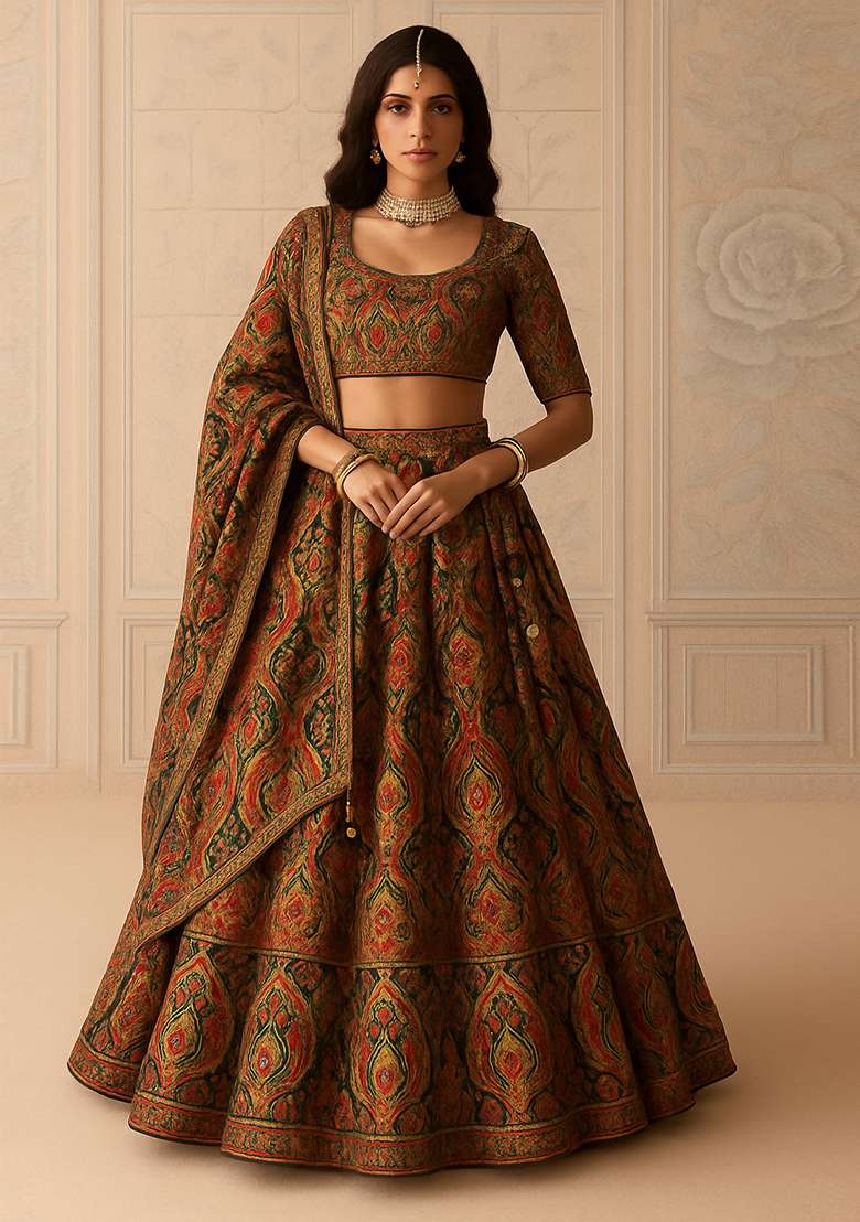 Deep Green Printed Brocade Lehenga Set - Indya
