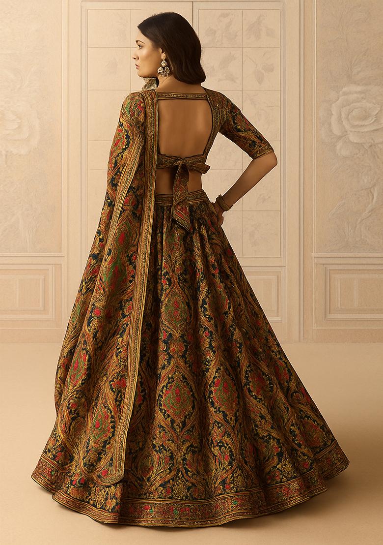 Deep Green Printed Brocade Lehenga Set - Indya