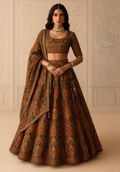 Deep Green Printed Brocade Lehenga Set