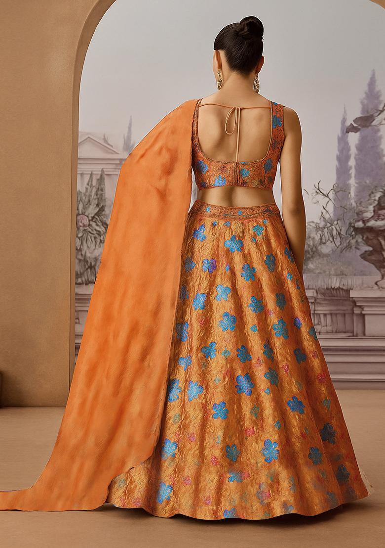 Orange Embroidered Organza Lehenga Set - Indya
