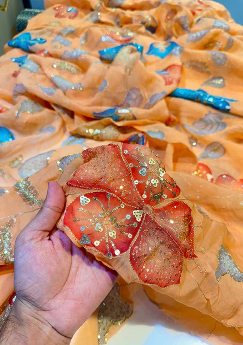 Orange Embroidered Organza Lehenga Set - Indya