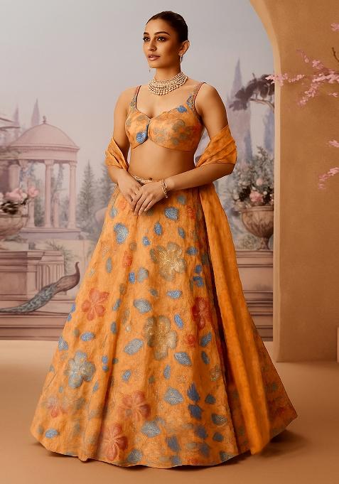 Orange Embroidered Organza Lehenga Set