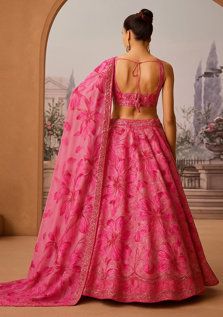 Pink Embroidered Organza Lehenga Set - Indya