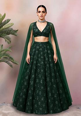 Bottle Green Embroidered Net Lehenga Set