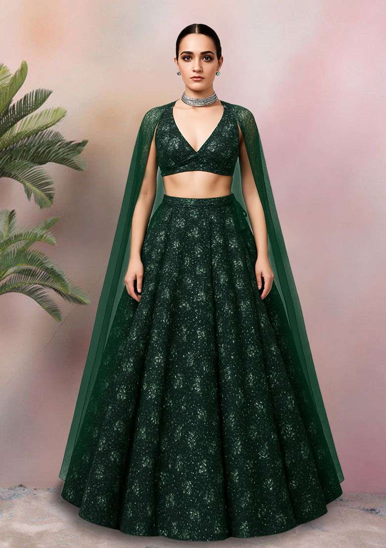 Bottle Green Embroidered Net Lehenga Set - Indya