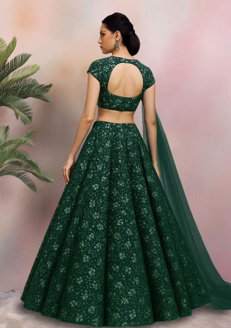 Bottle Green Embroidered Net Lehenga Set - Indya