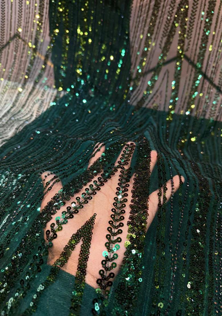 Bottle Green Embroidered Net Lehenga Set - Indya