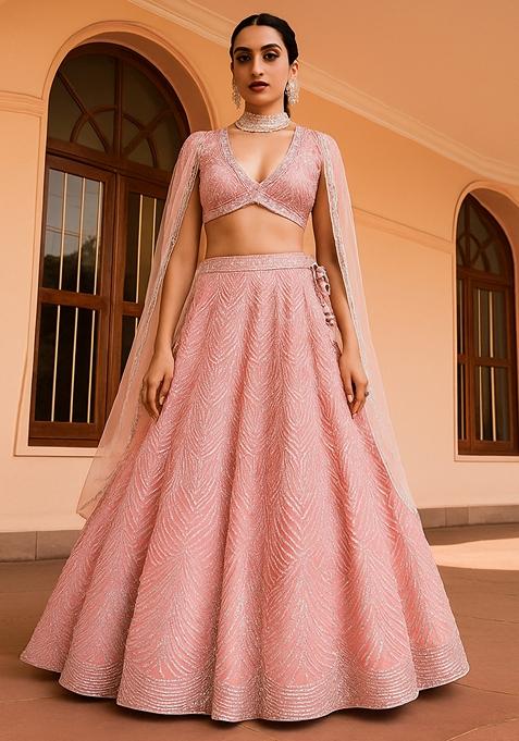 Onion Pink Embroidered Net Lehenga Set