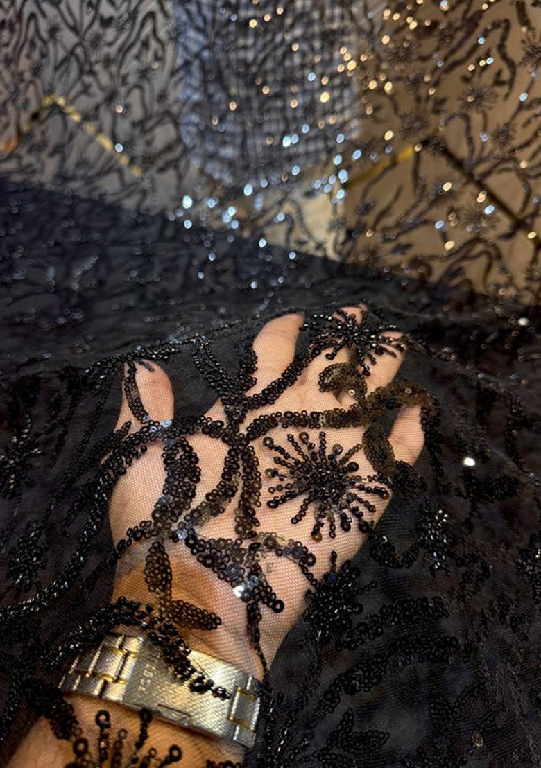 Black Sequin Embellished Net Lehenga Set - Indya