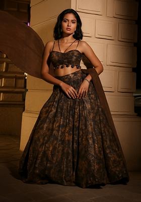 Copper Printed Pleated Lurex Lehenga Set
