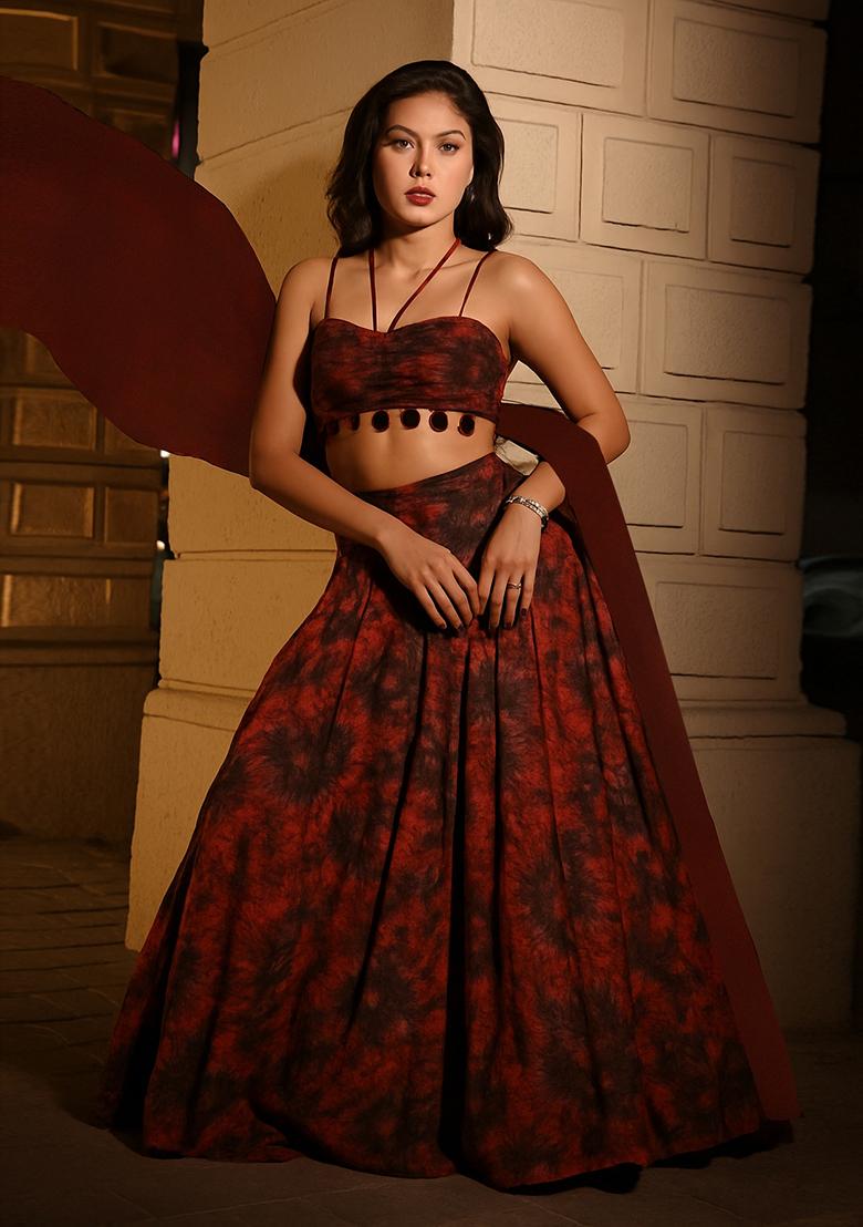 Multicolor Printed Pleated Lurex Lehenga Set
