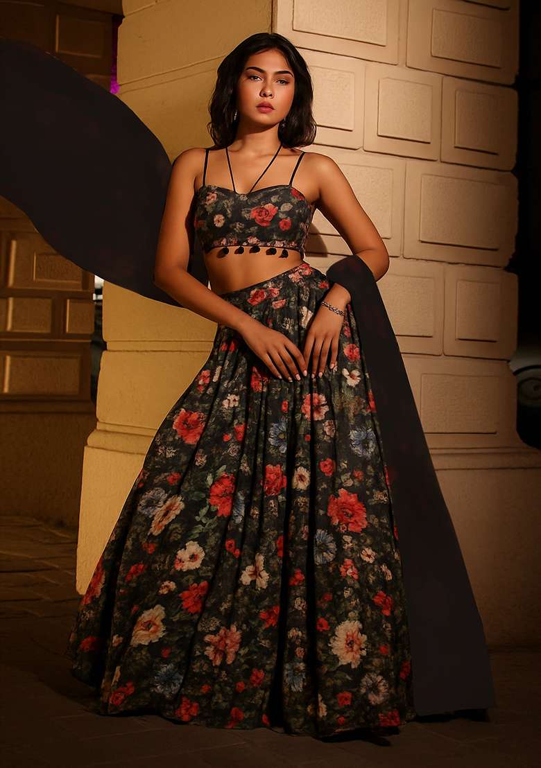 Brown Printed Pleated Lurex Lehenga Set - Indya