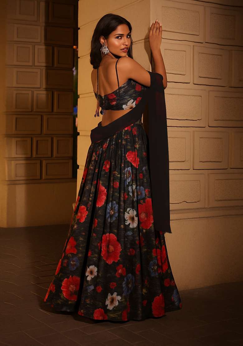 Brown Printed Pleated Lurex Lehenga Set - Indya