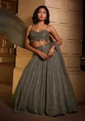 Grey Sequin Embellished Net Lehenga Set