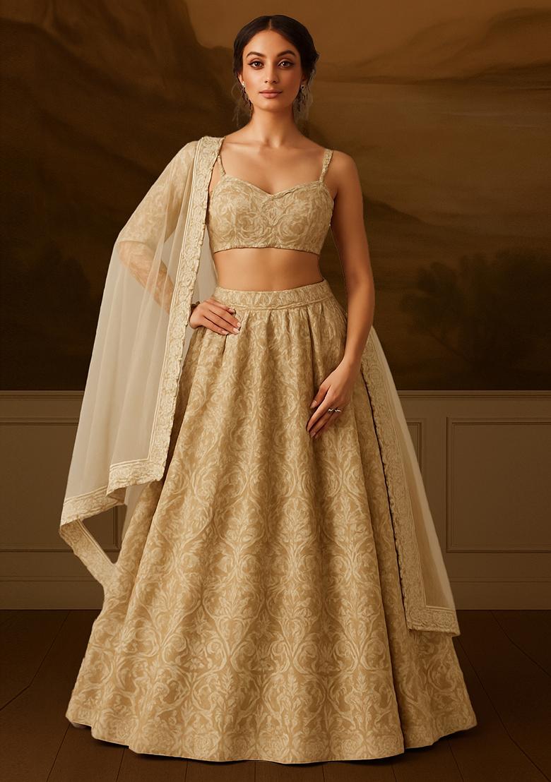 Peach Self Design Velvet Lehenga Set