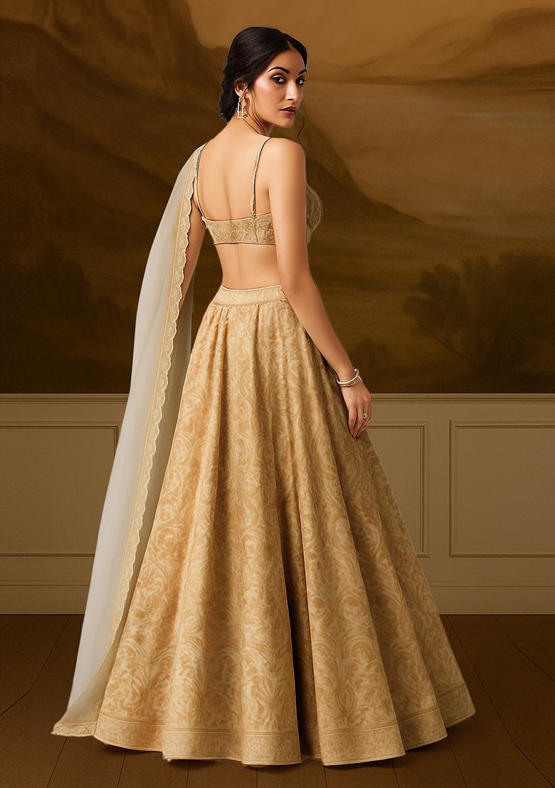 Peach Self Design Velvet Lehenga Set - Indya