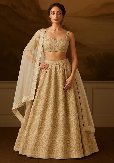 Peach Self Design Velvet Lehenga Set