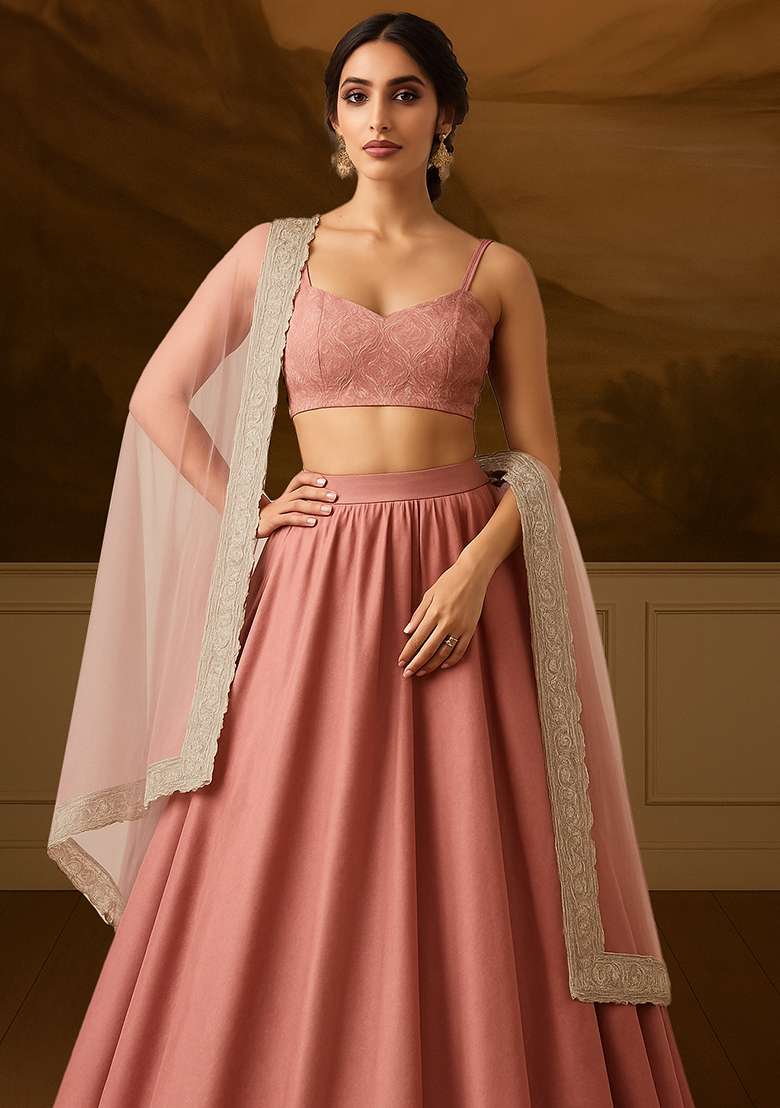 Pink Self Design Velvet Lehenga Set - Indya