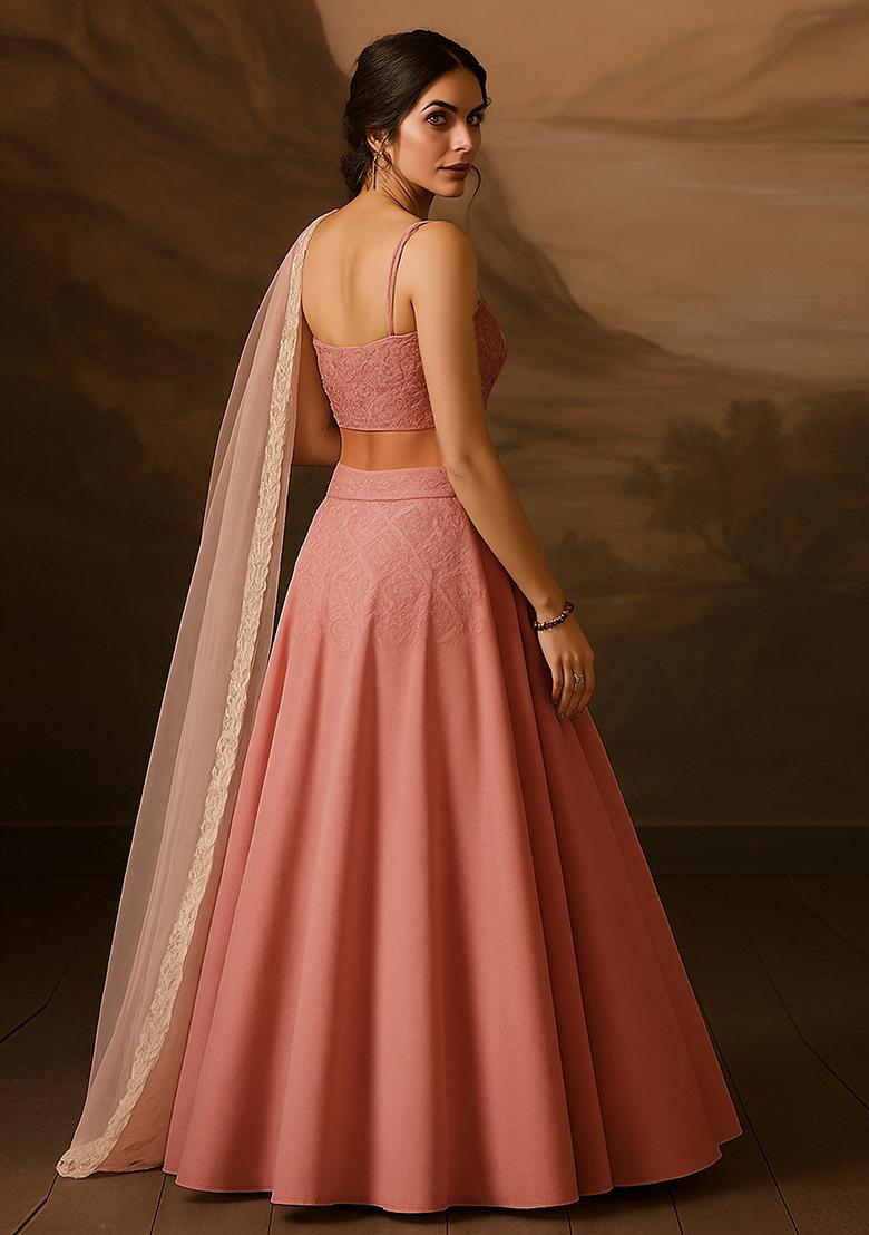 Pink Self Design Velvet Lehenga Set - Indya