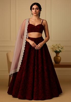 Maroon Self Design Velvet Lehenga Set