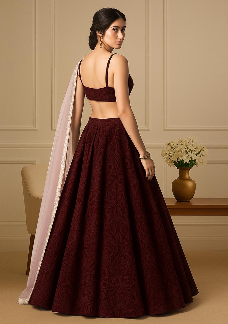 Maroon Self Design Velvet Lehenga Set - Indya