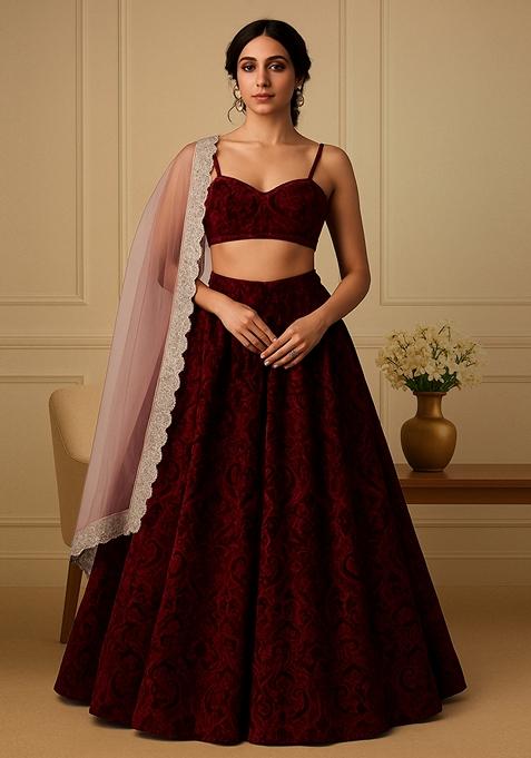 Maroon Self Design Velvet Lehenga Set