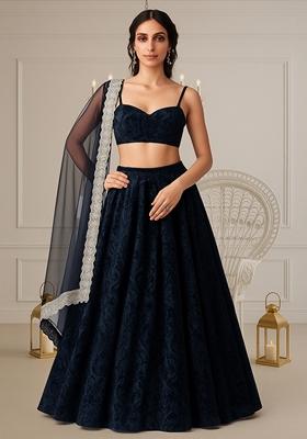 Navy Self Design Velvet Lehenga Set