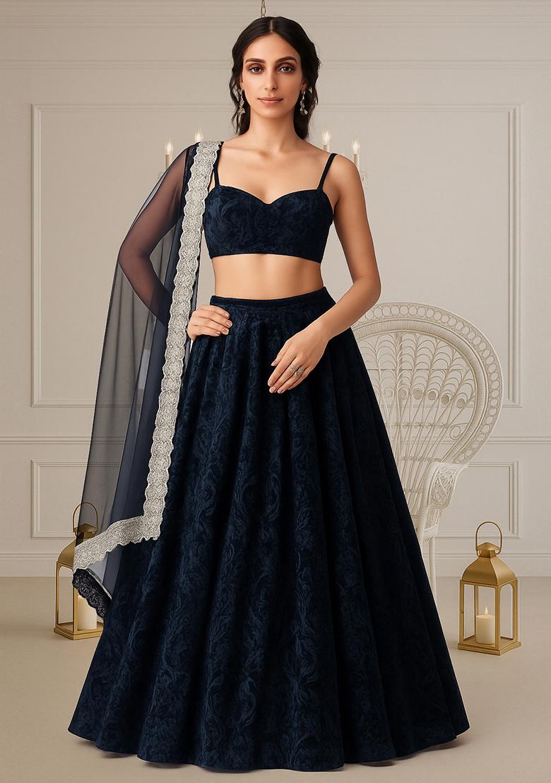 Navy Self Design Velvet Lehenga Set