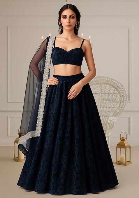 Navy Self Design Velvet Lehenga Set