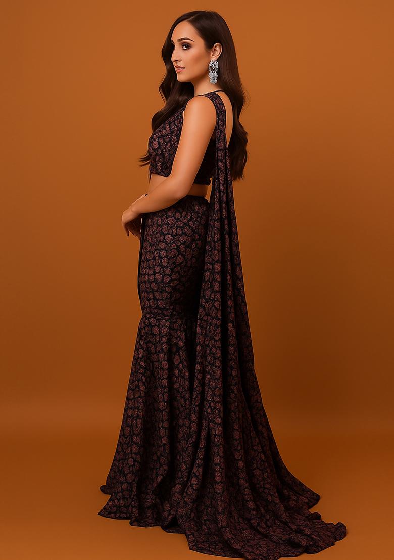 Black And Copper Self Design Lurex Knit Lehenga Set - Indya