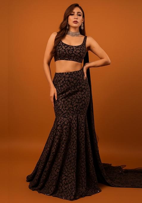 Black And Copper Self Design Lurex Knit Lehenga Set